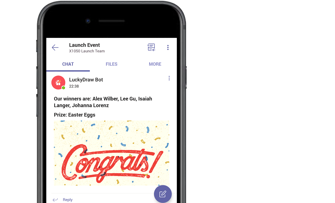 Lucky Draw Bot helping a team celebrate a milestone in Microsoft Teams
